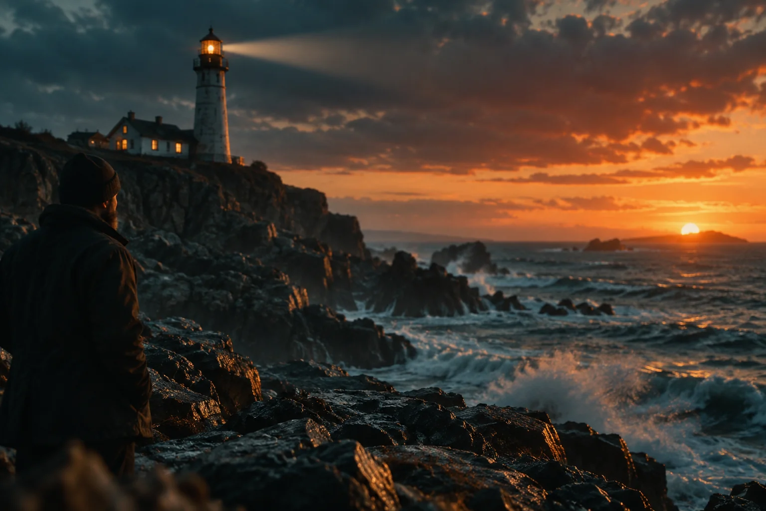 Cinematic — a lighthouse at dusk on a rocky coast