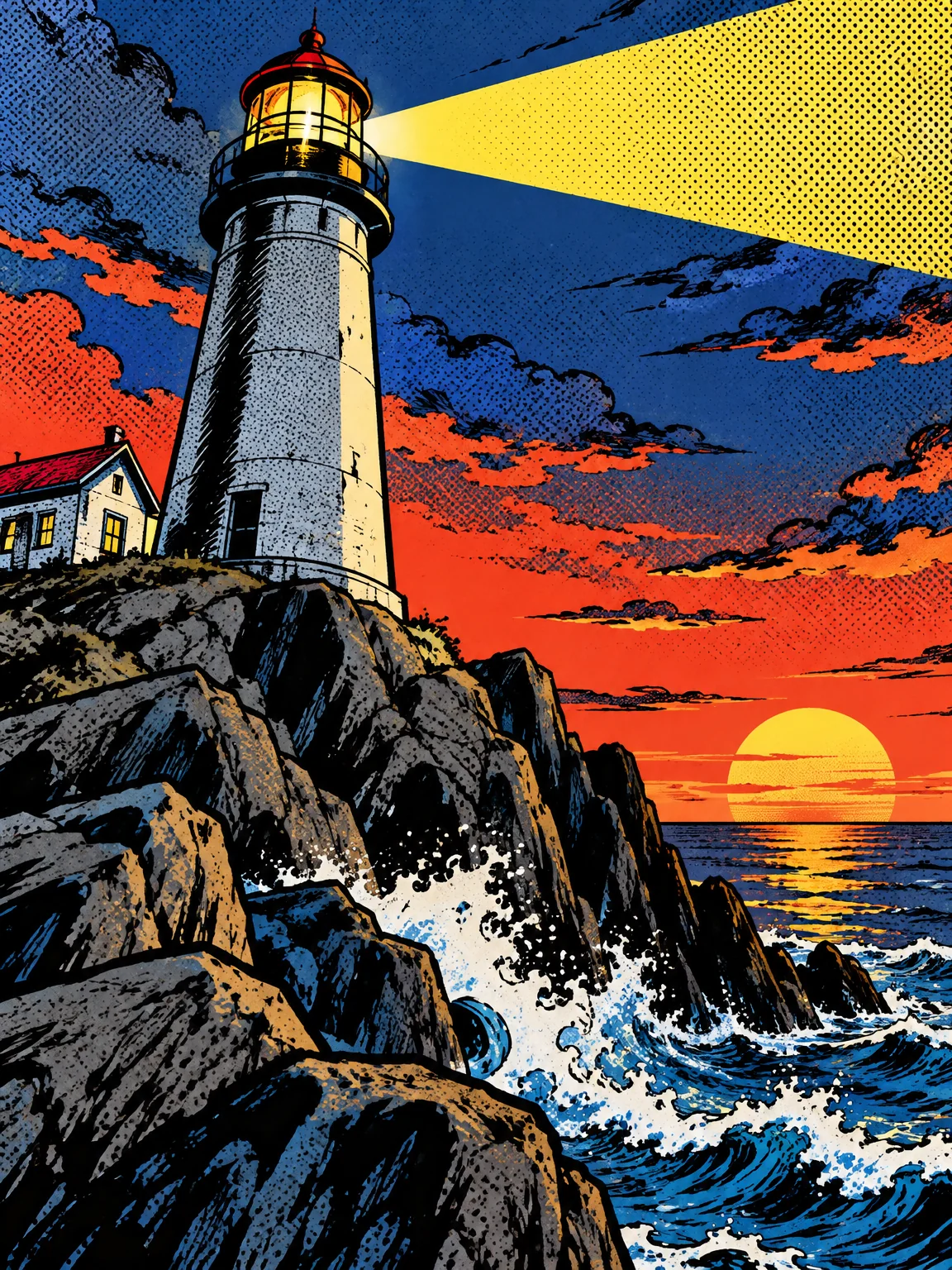 Comic book — a lighthouse at dusk on a rocky coast