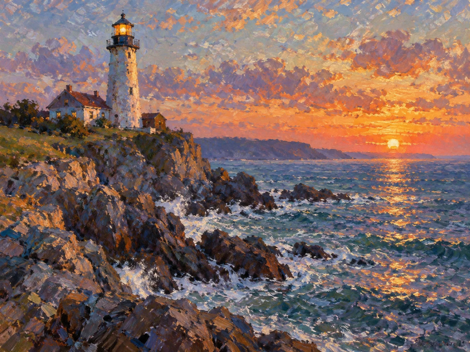 Impressionist — a lighthouse at dusk on a rocky coast