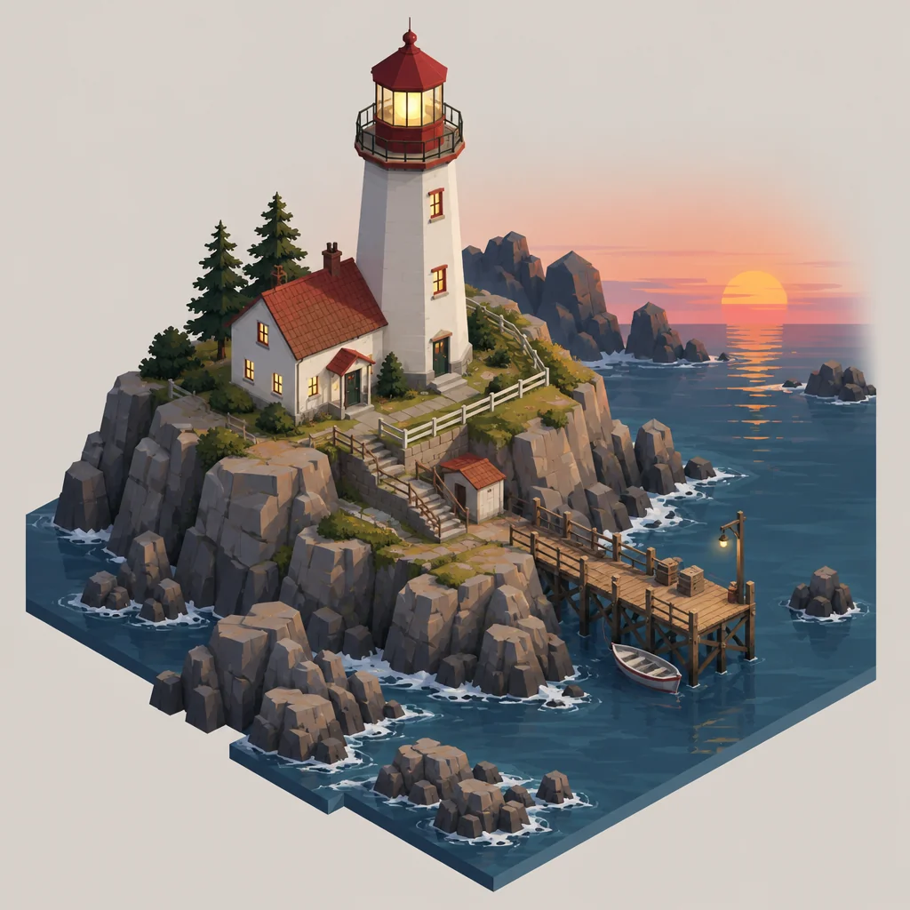 Isometric — a lighthouse at dusk on a rocky coast