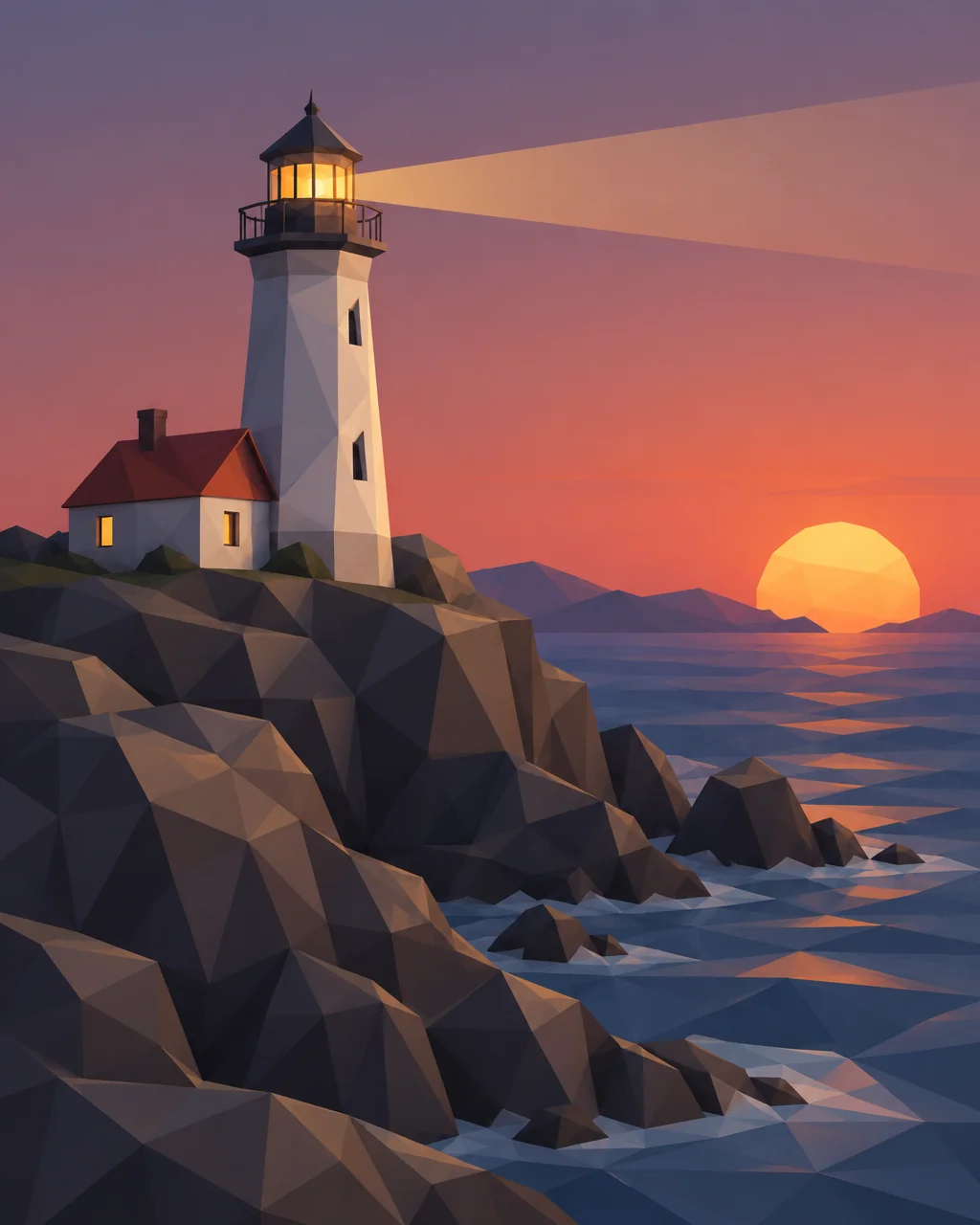 Low poly — a lighthouse at dusk on a rocky coast