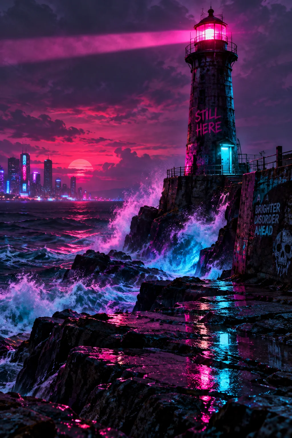 Neon punk — a lighthouse at dusk on a rocky coast
