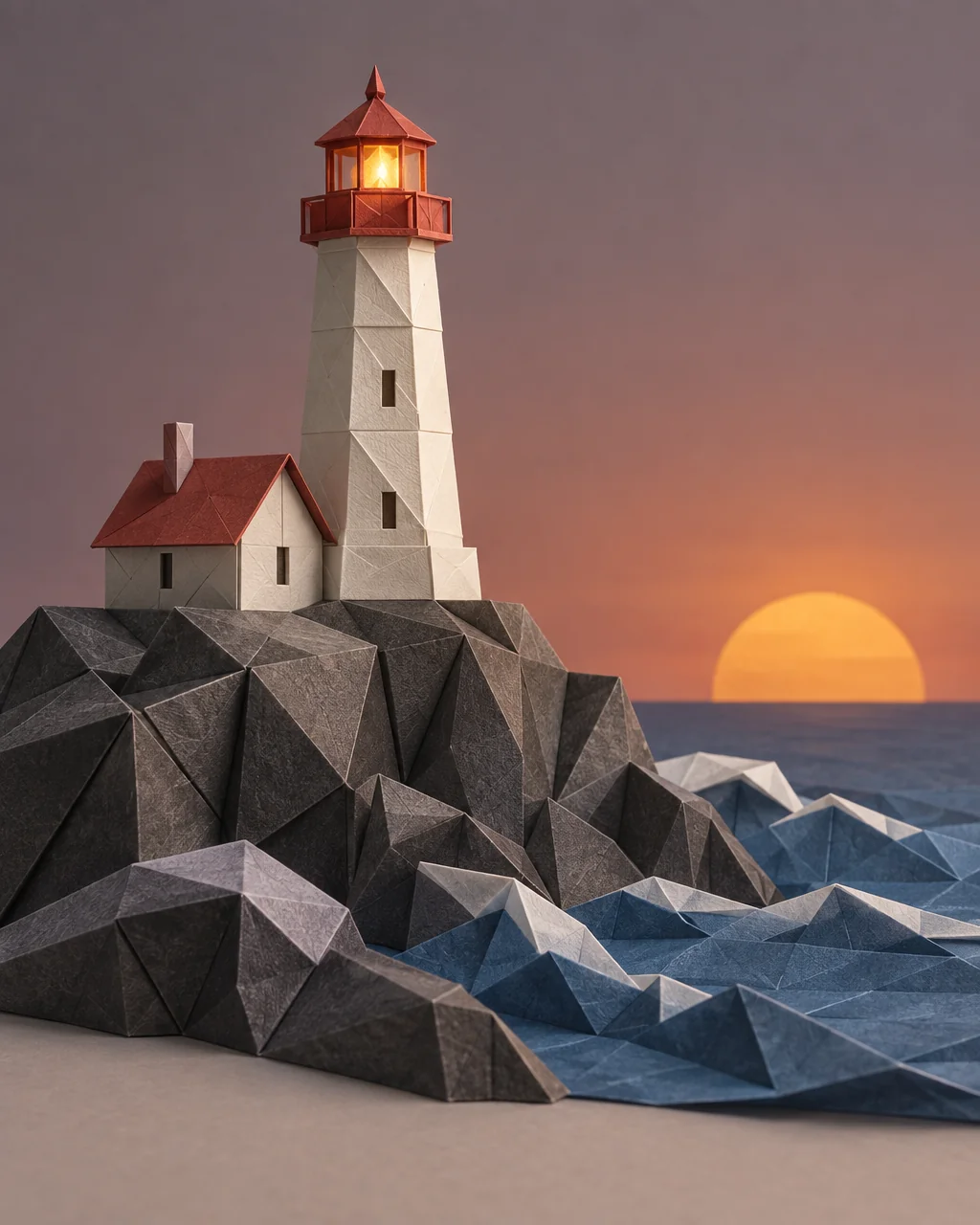 Origami — a lighthouse at dusk on a rocky coast