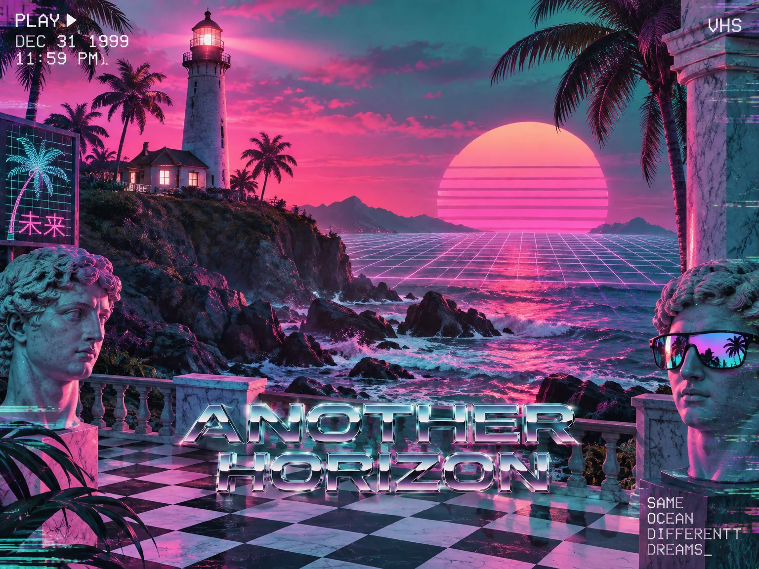 Vaporwave — a lighthouse at dusk on a rocky coast